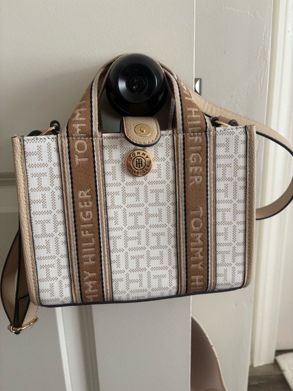 Tommy Hilfiger Beige & White Logo Satchel with Brown Branded Straps